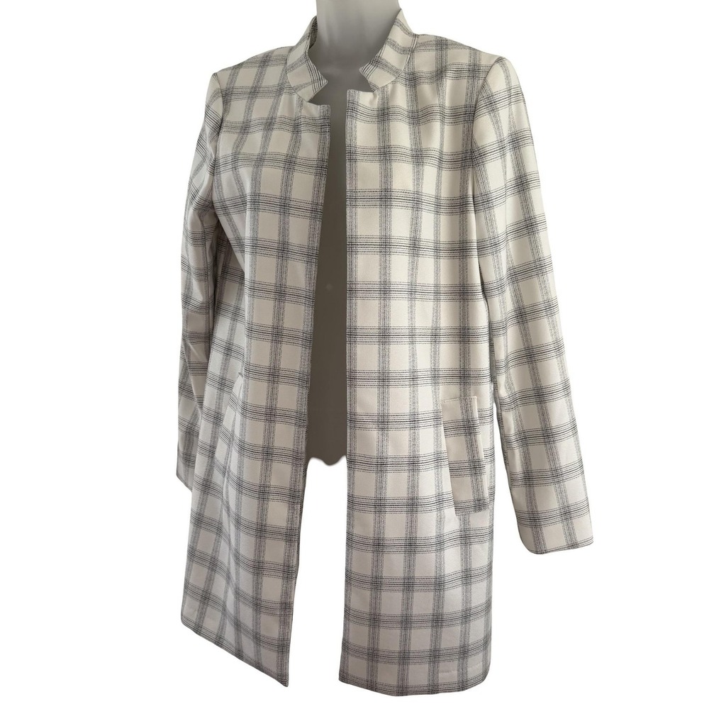Carolina Belle Coat Womens Medium White Plaid Crepe Open Front Overcoat Minimal - Picture 5 of 16